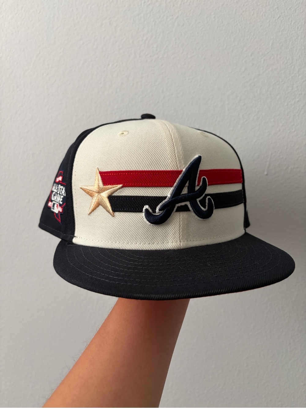 Atlanta Braves New Era 2024 All Star Fitted Hat - Cream & Black with Red Stripe